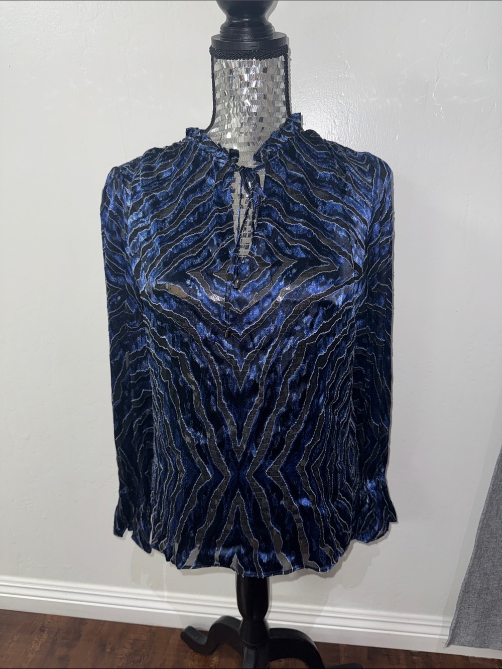 White House Black Market Navy and Black Velvet-Texture & Silk Tie-Neck Blouse